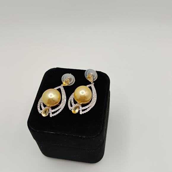 Golden South Sea Pearl and Citrine Sterling Silver Earrings